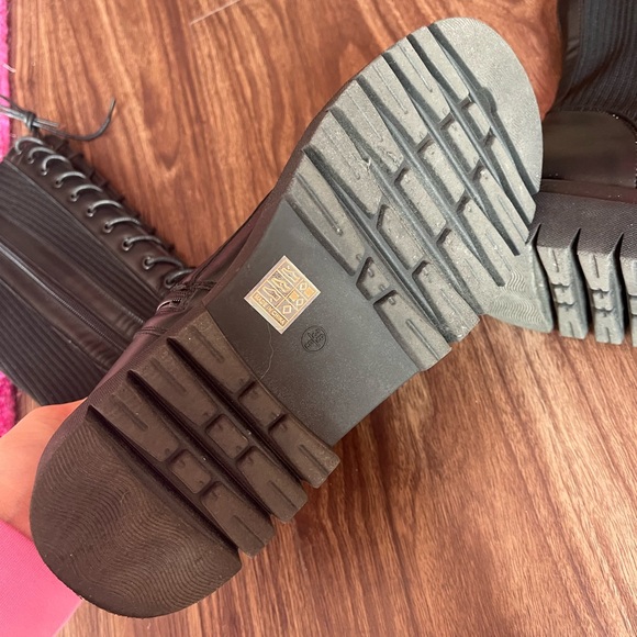 Black Pu Contrast Knitted Lace Up Knee Chunky Boots - Picture 9 of 11